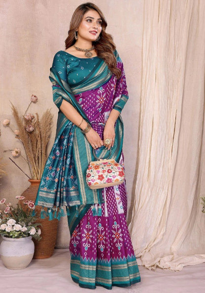 Teal Blue Soft Silk Ikkat Weaving Saree With Rich Border