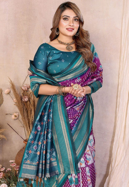 Teal Blue Soft Silk Ikkat Weaving Saree With Rich Border