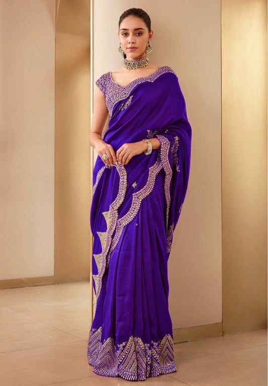 Gorgeous Purple Silk Saree With Embroidered Work On Blouse