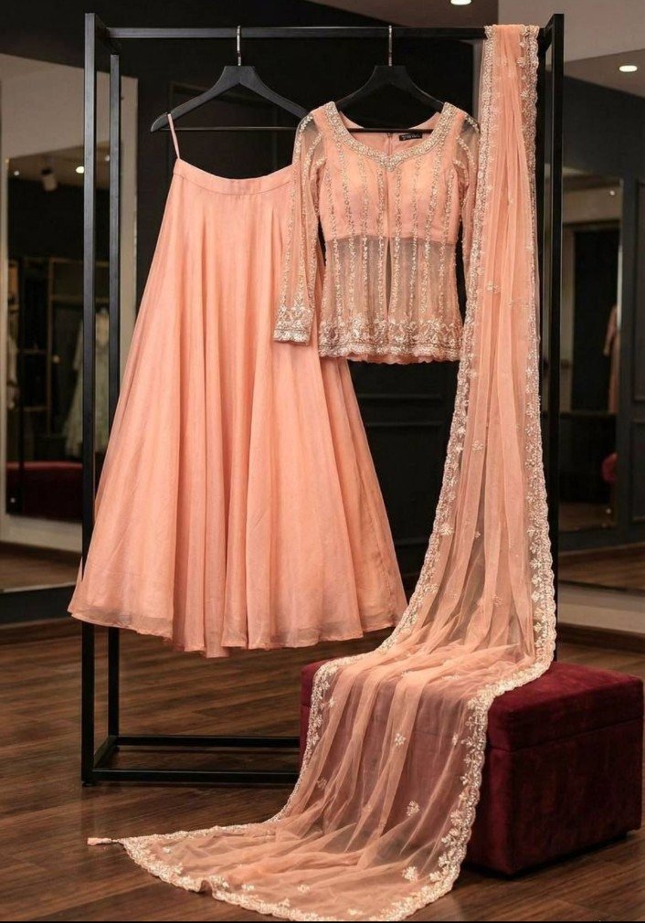 Peach Silk Satin Lehenga Choli With Embroidery Work