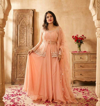 Peach Silk Satin Lehenga Choli With Embroidery Work