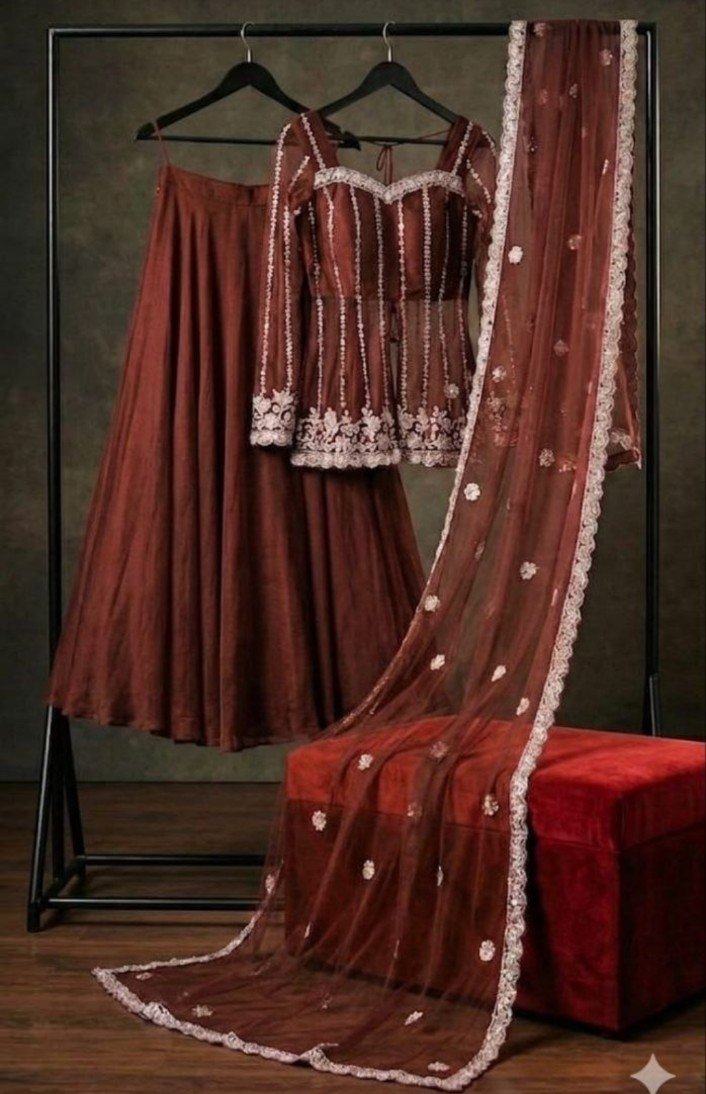 Brown Silk Satin Lehenga Choli With Beads Work