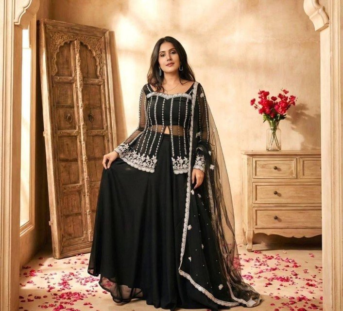 Black Silk Satin Lehenga Choli With Embroidery Work