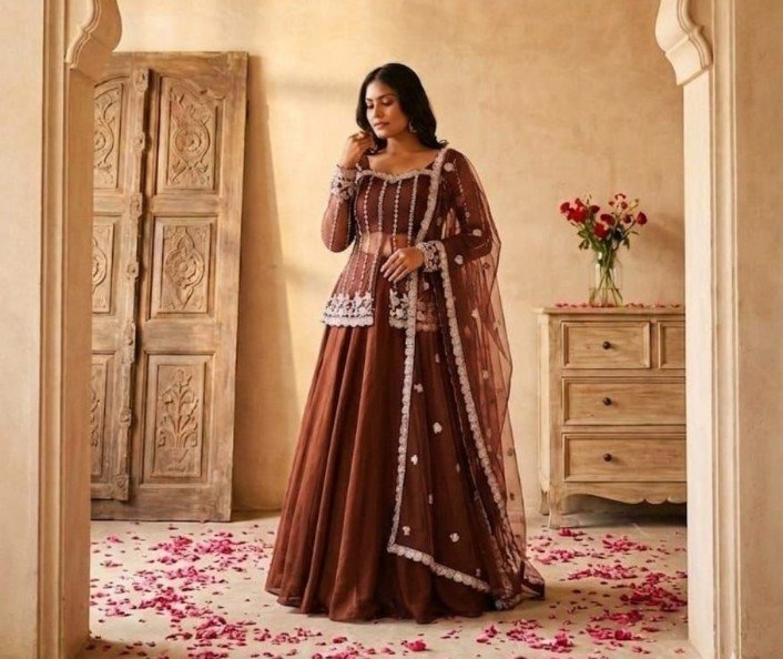 Brown Silk Satin Lehenga Choli With Beads Work