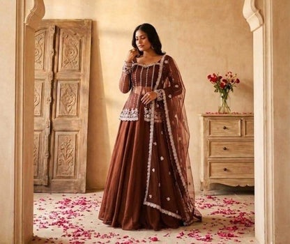 Brown Silk Satin Lehenga Choli With Beads Work