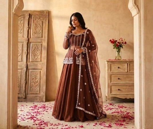 Brown Silk Satin Lehenga Choli With Beads Work