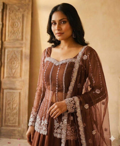 Brown Silk Satin Lehenga Choli With Beads Work