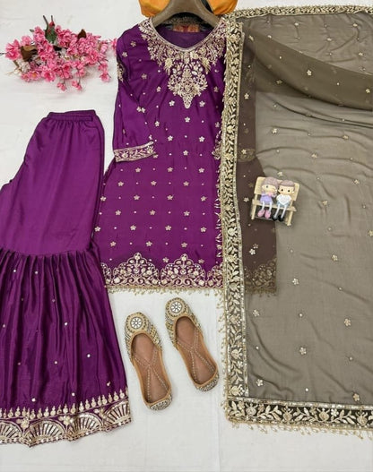 Gorgeous Party Wear Purple Kurti Sharara Set