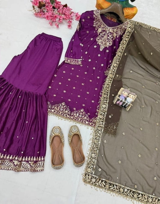 Gorgeous Party Wear Purple Kurti Sharara Set