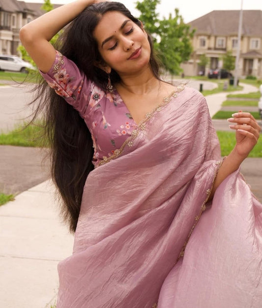 Elegant Gold Crush Jericho Saree Fabric With Heavy Handwork On Border