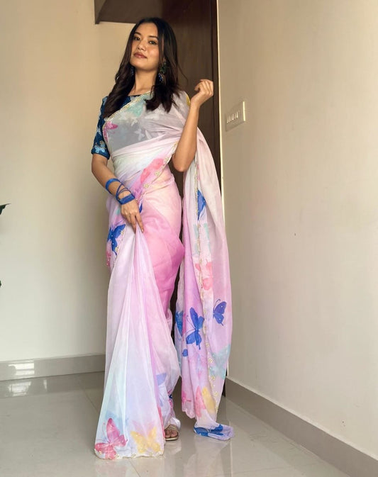 Gorgeous Butterfly Printed Tabby Organza Silk Saree With Handwork