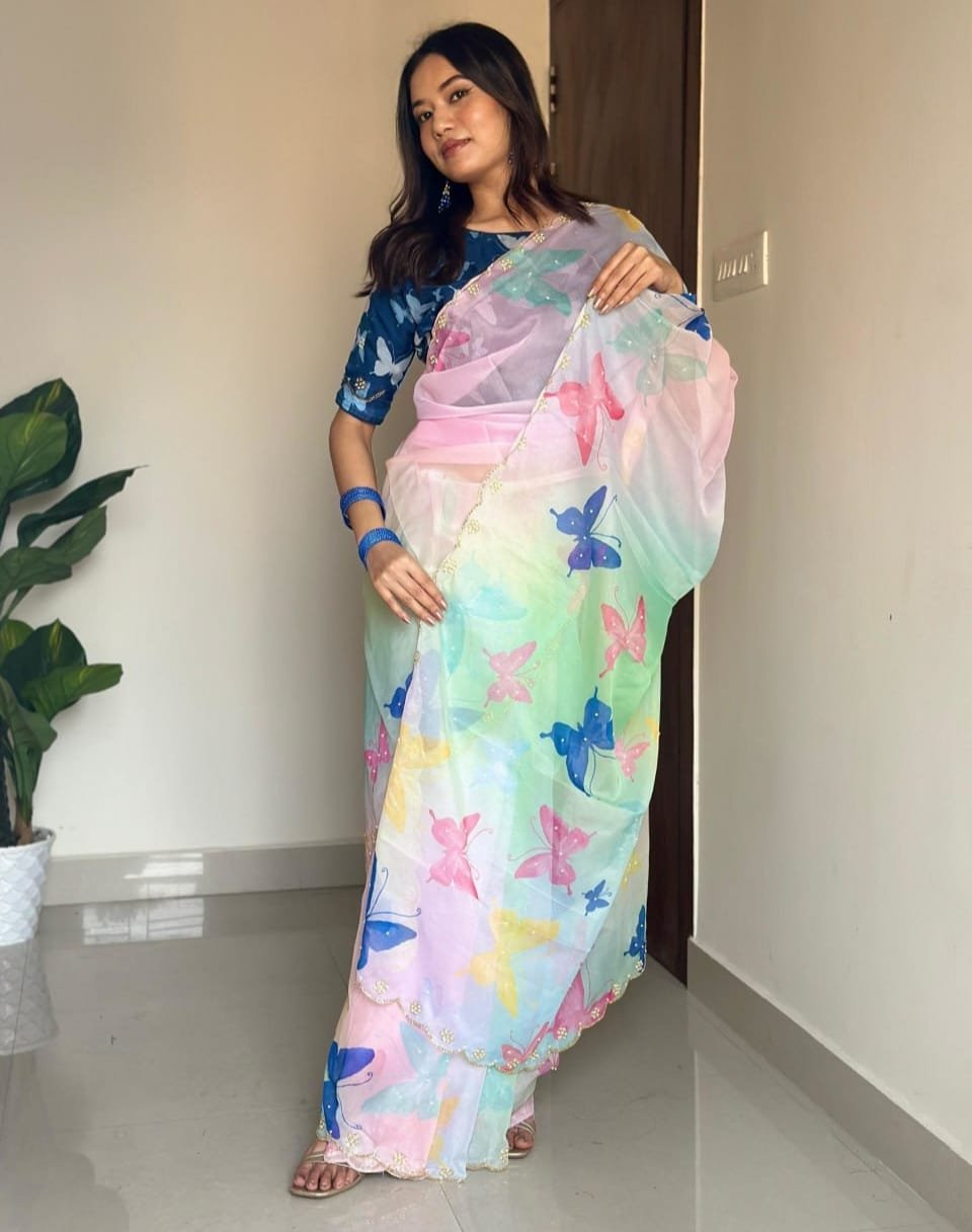 Gorgeous Butterfly Printed Tabby Organza Silk Saree With Handwork