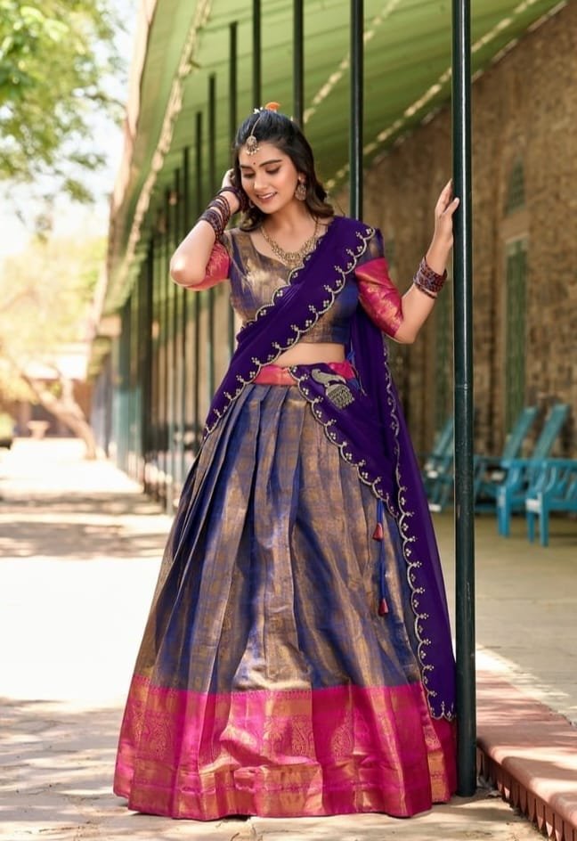 Elegant Blue Kanjivaram Zari Weaving Work Lehenga Choli Set