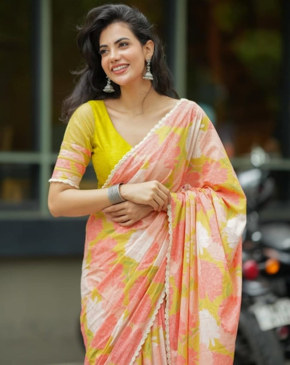 Trending Pink Floral Cotton Saree With Lime Handwork Blouse