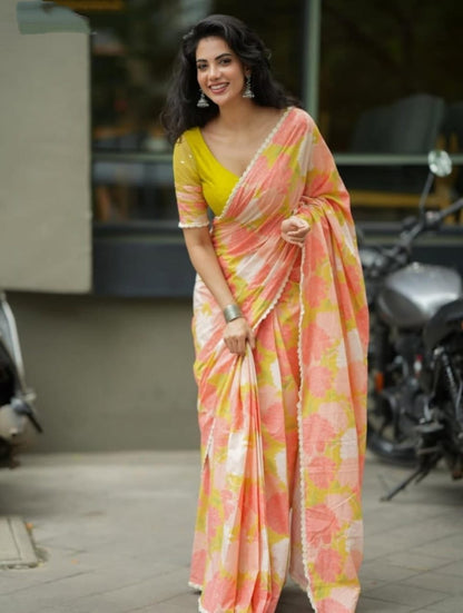 Trending Pink Floral Cotton Saree With Lime Handwork Blouse