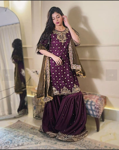 Gorgeous Party Wear Purple Kurti Sharara Set