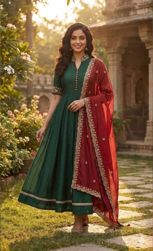 Stunning Emerald Green Anarkali Set With Embroidery Dupatta