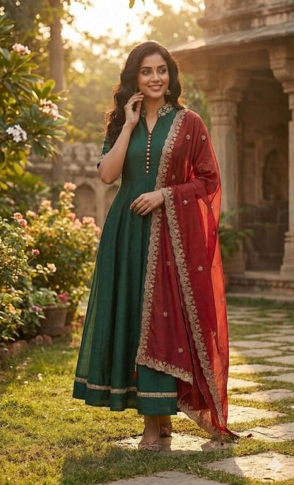 Stunning Emerald Green Anarkali Set With Embroidery Dupatta