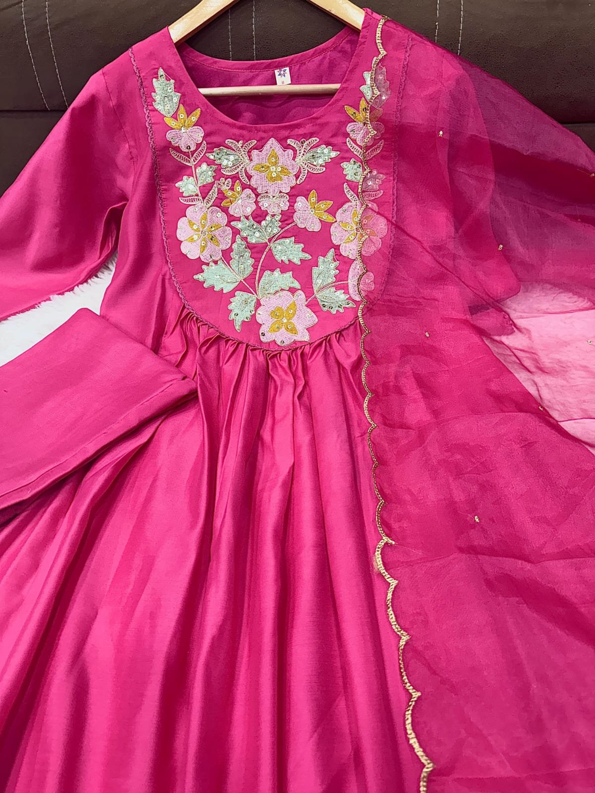 Gorgeous Pink Chanderi Silk Kurti Set With Organza Dupatta