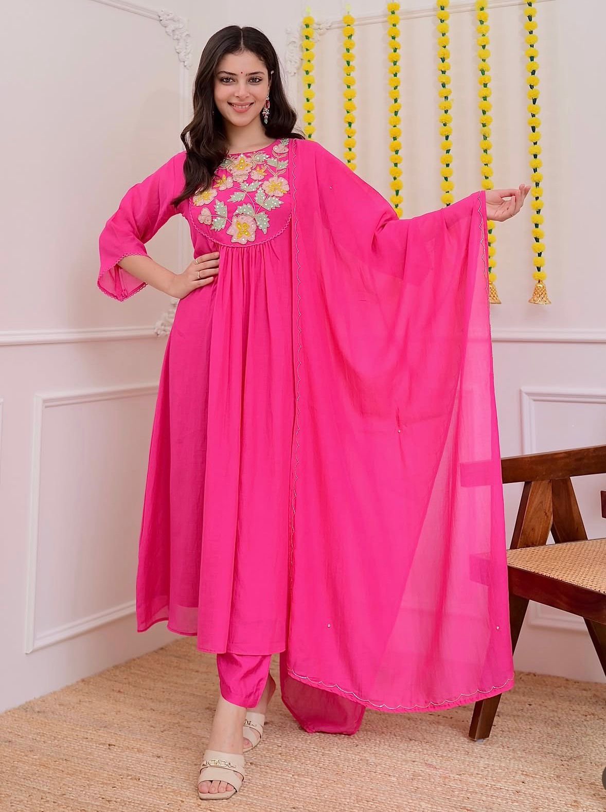 Gorgeous Pink Chanderi Silk Kurti Set With Organza Dupatta