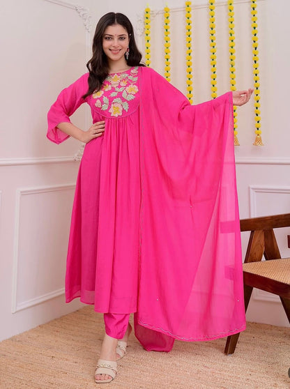 Gorgeous Pink Chanderi Silk Kurti Set With Organza Dupatta