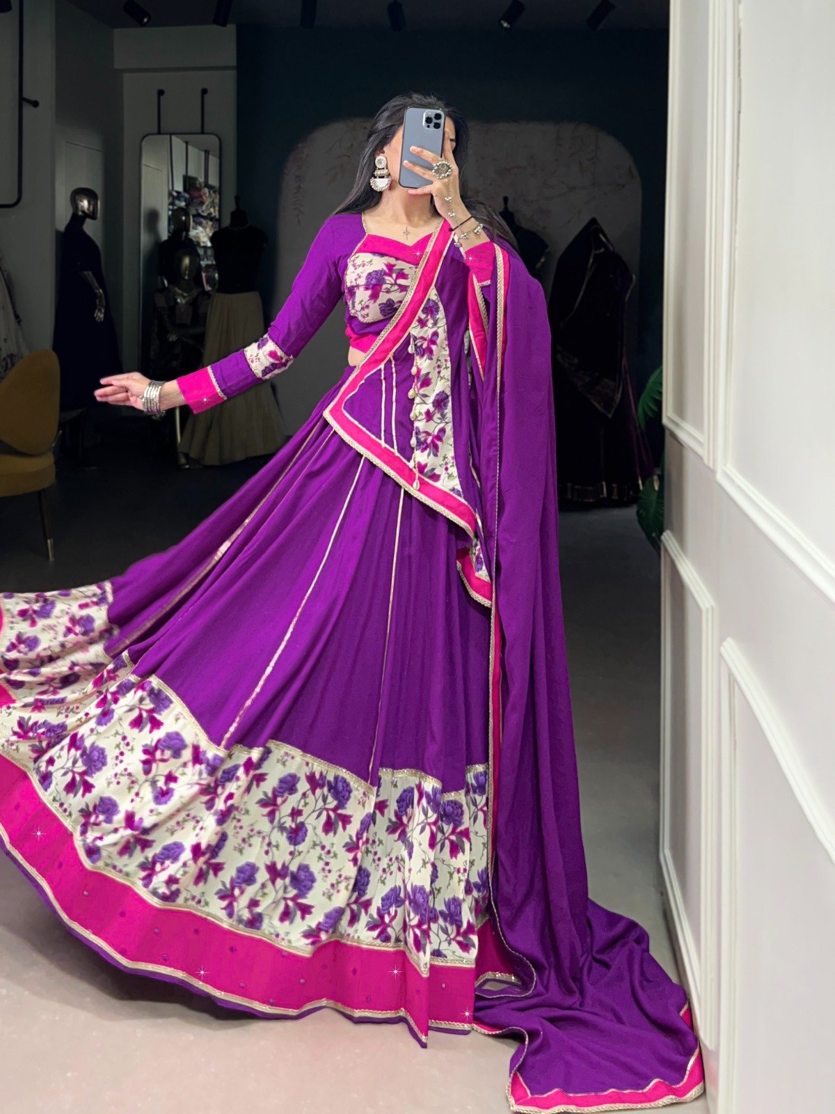 Purple Rayon Lehenga Choli With Mirror Hand Work
