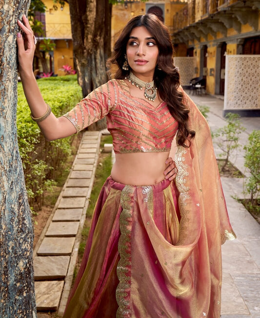 Gorgeous Rose Gold Carika Silk Lehenga Choli With Embroidery Work