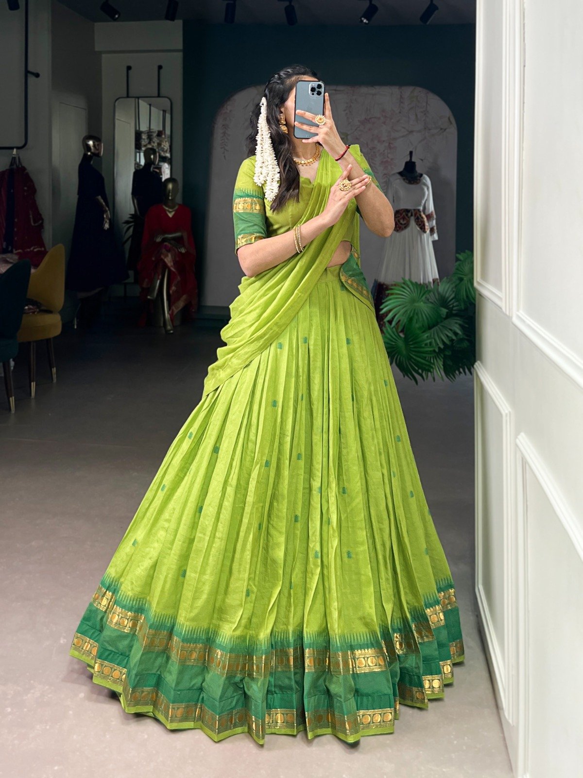 Designer Chanderi Lehenga Choli With Zari Weaving