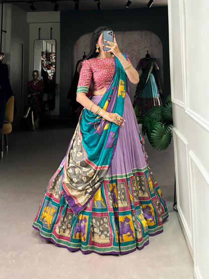 Latest Tussar Silk Lehenga Choli With Kalamkari Print