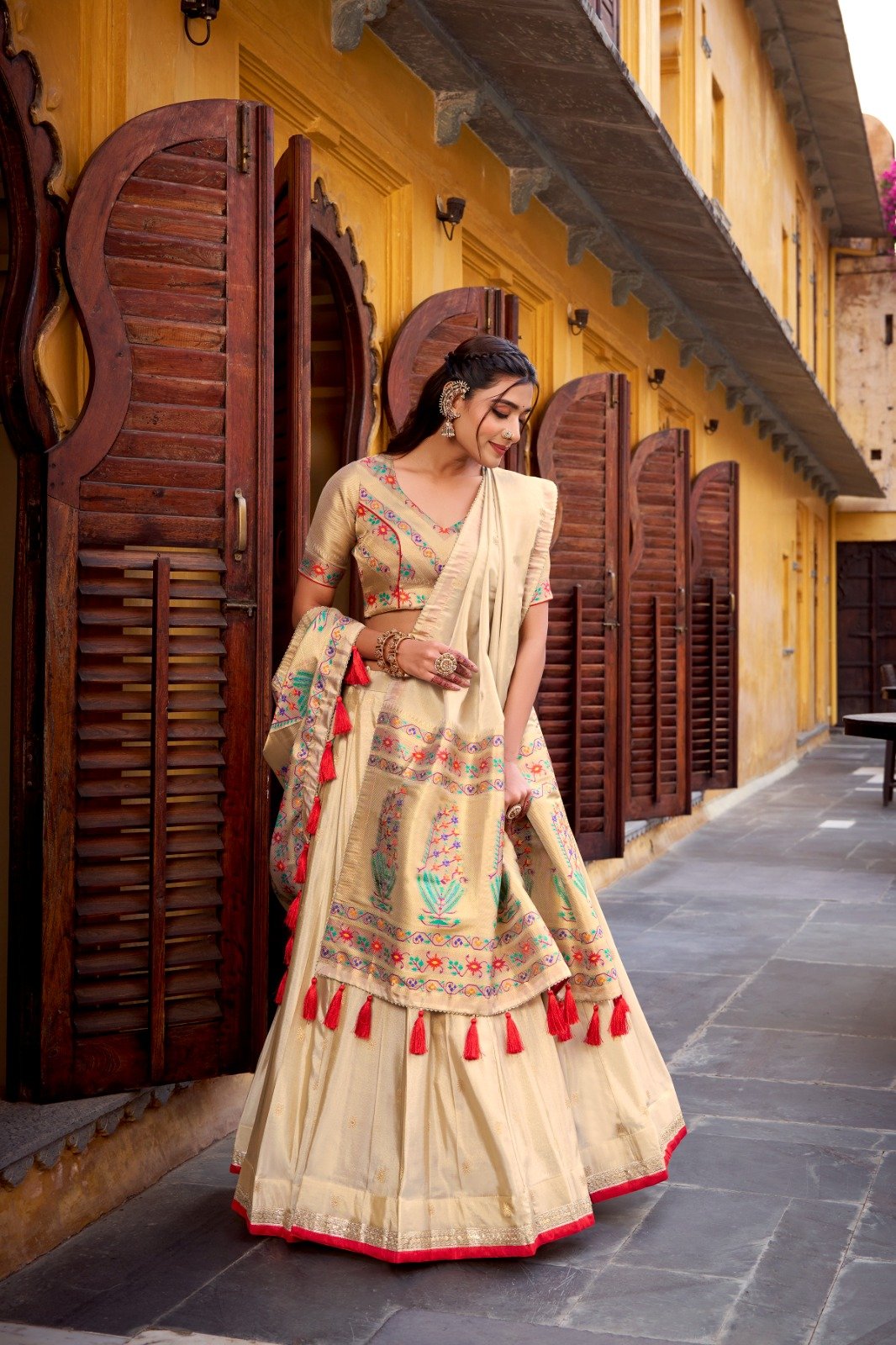Embroidered Thread Work Semi-Stitched Lehenga &amp; Blouse With Dupatta
