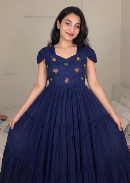 Navy Blue Mull-Mull Cotton Gown With Maggam Work