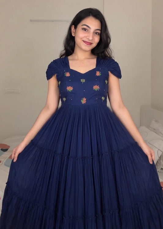 Navy Blue Mull-Mull Cotton Gown With Maggam Work
