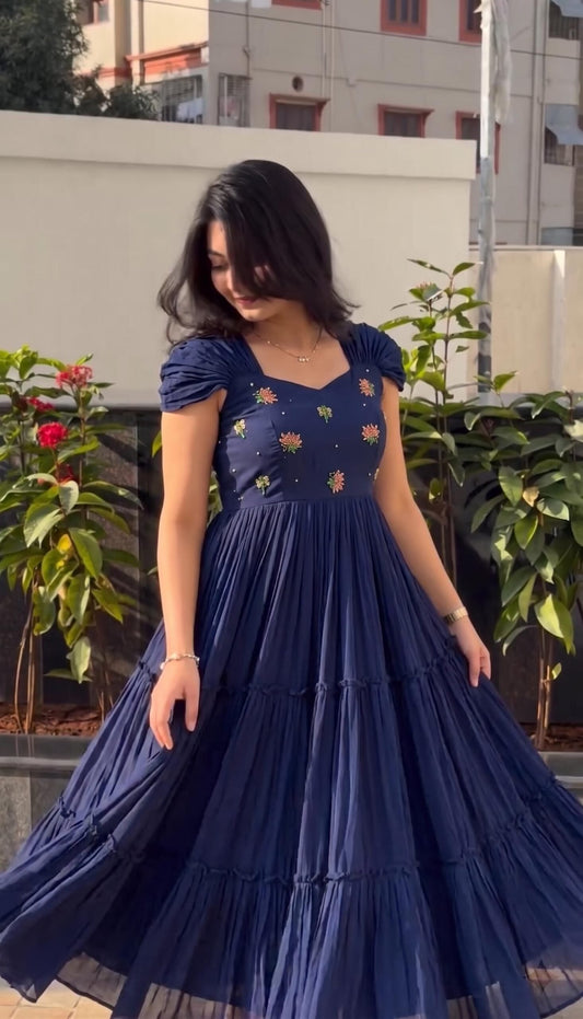 Navy Blue Mull-Mull Cotton Gown With Maggam Work