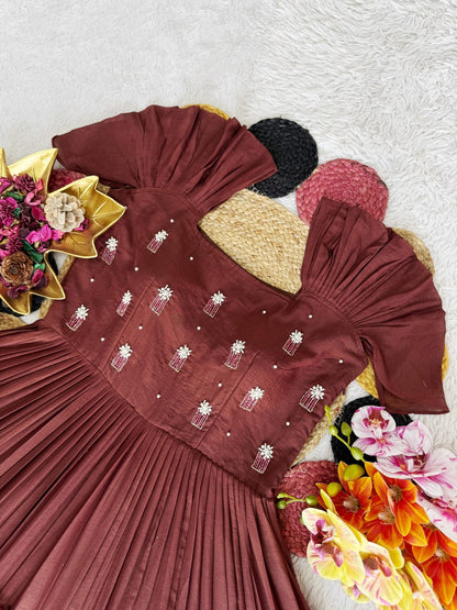 Brown Mull-Mull Cotton Gown With Maggam Work