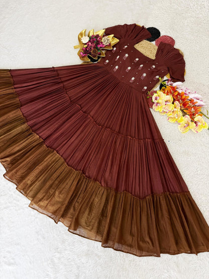 Brown Mull-Mull Cotton Gown With Maggam Work