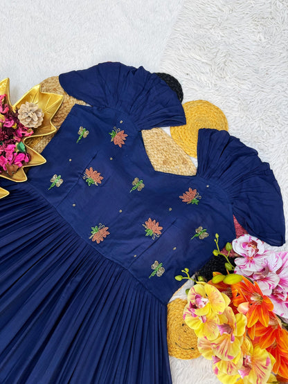 Navy Blue Mull-Mull Cotton Gown With Maggam Work