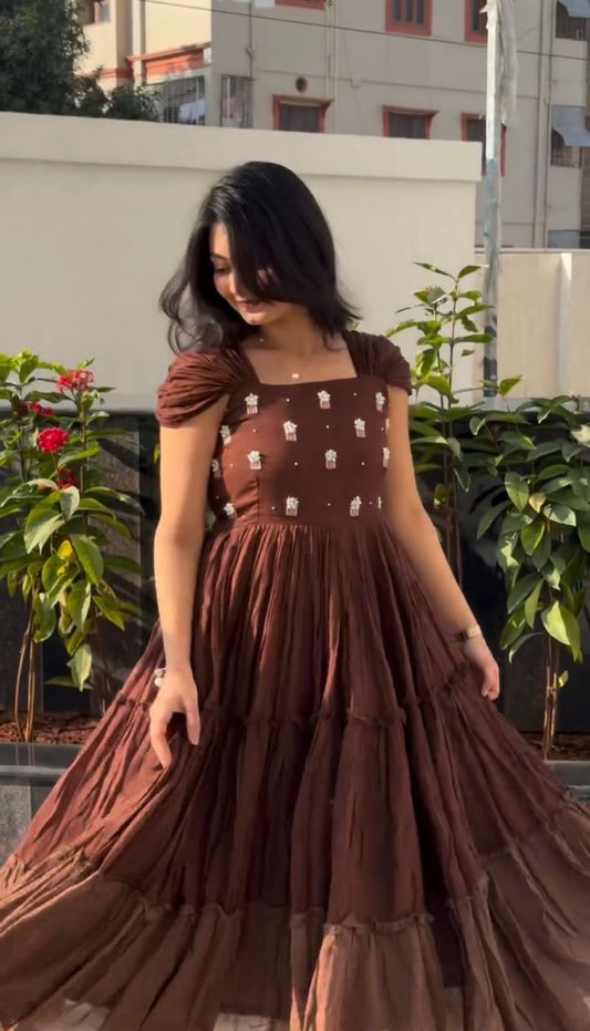 Brown Mull-Mull Cotton Gown With Maggam Work