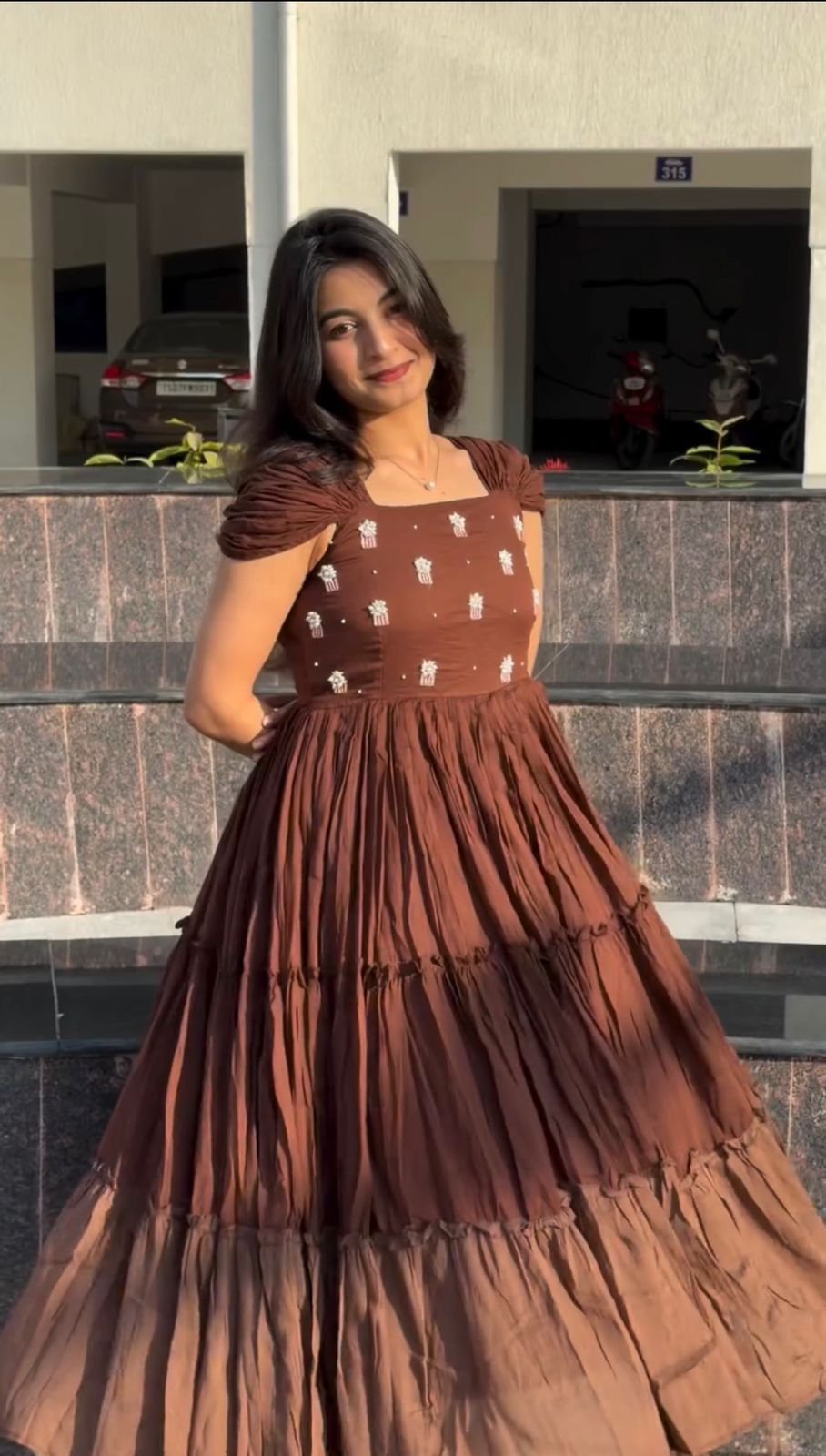 Brown Mull-Mull Cotton Gown With Maggam Work