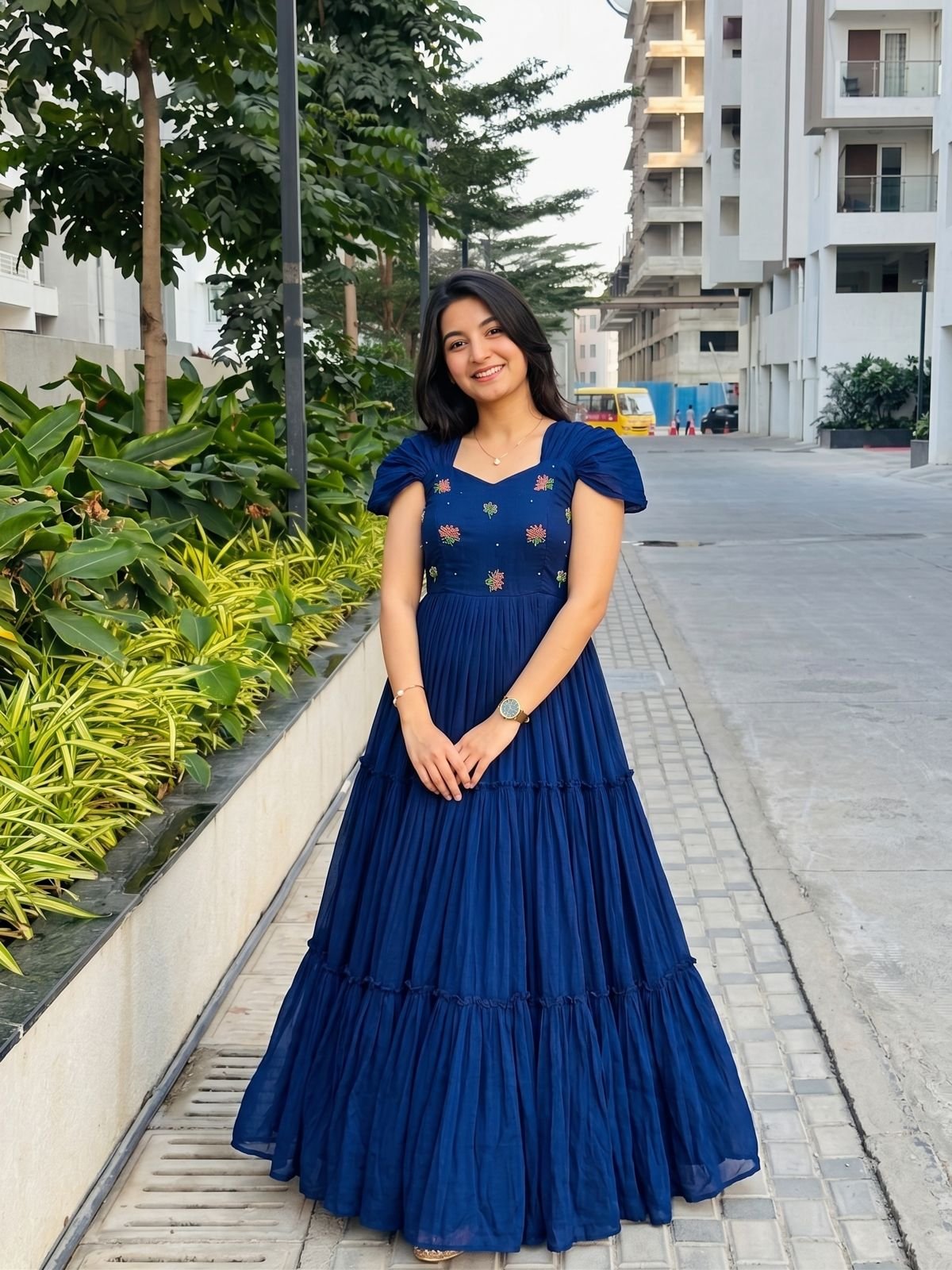 Navy Blue Mull-Mull Cotton Gown With Maggam Work