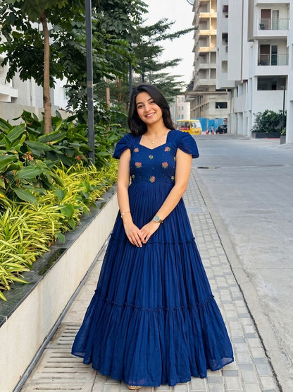 Navy Blue Mull-Mull Cotton Gown With Maggam Work