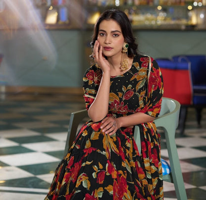 Black Marble Lehenga Choli With Floral Print