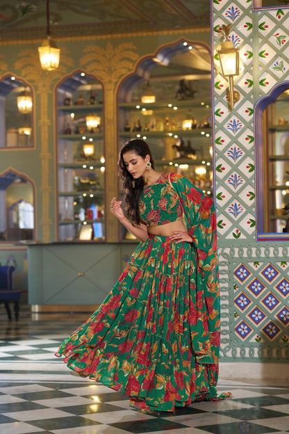 Green Marble Lehenga Choli With Floral Print