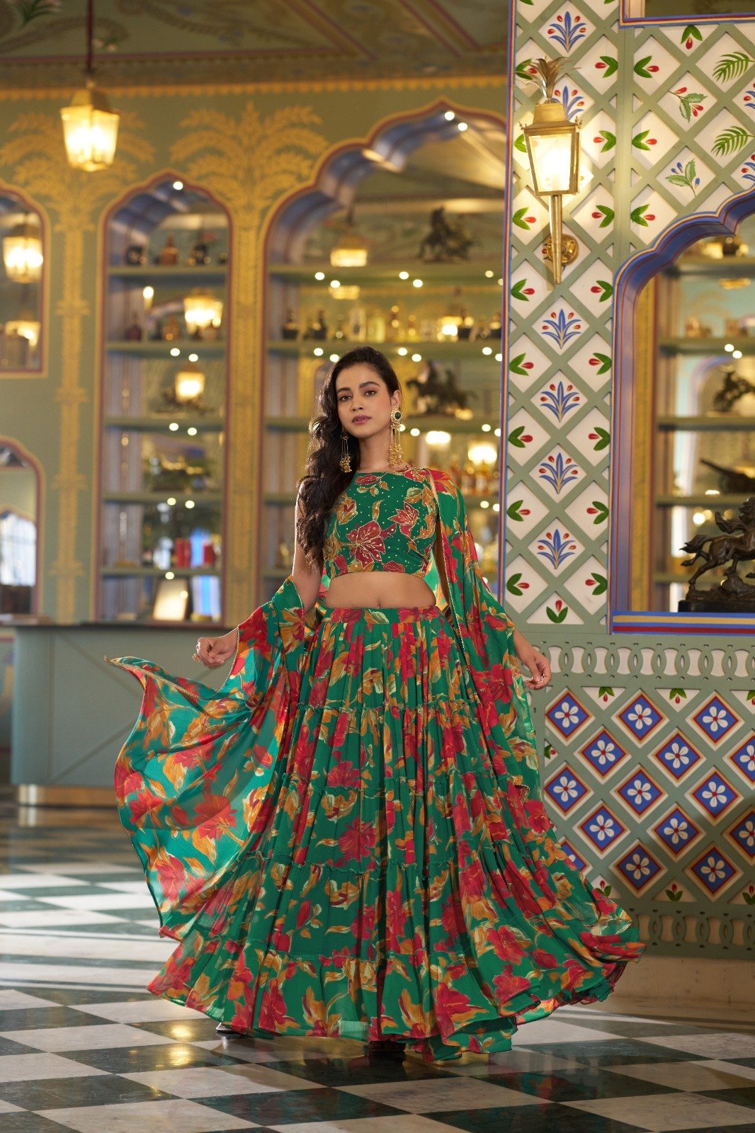 Green Marble Lehenga Choli With Floral Print