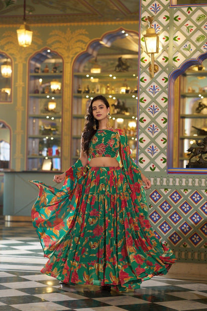 Green Marble Lehenga Choli With Floral Print