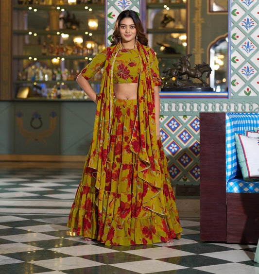 Olive Yellow Marble Lehenga Choli With Floral Print