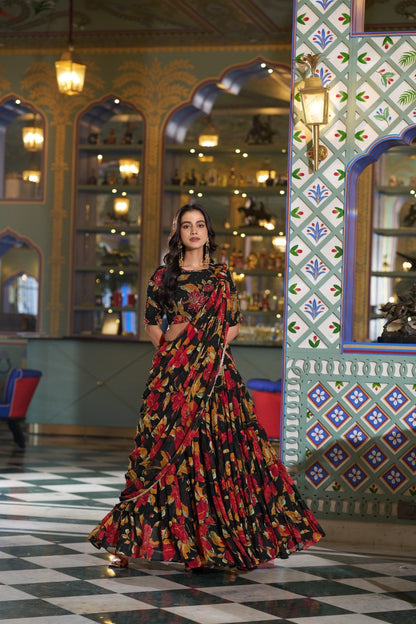 Black Marble Lehenga Choli With Floral Print