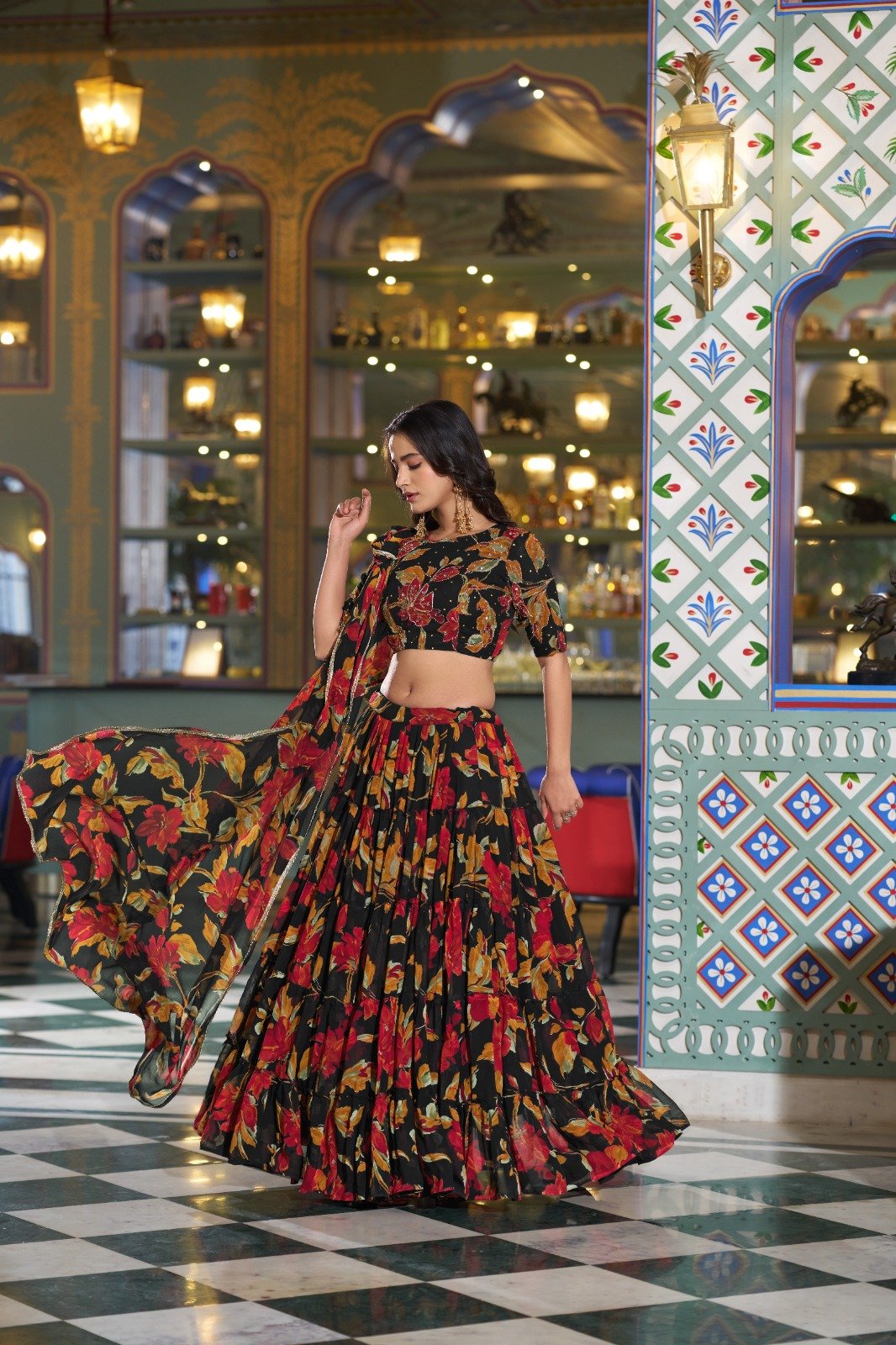 Black Marble Lehenga Choli With Floral Print
