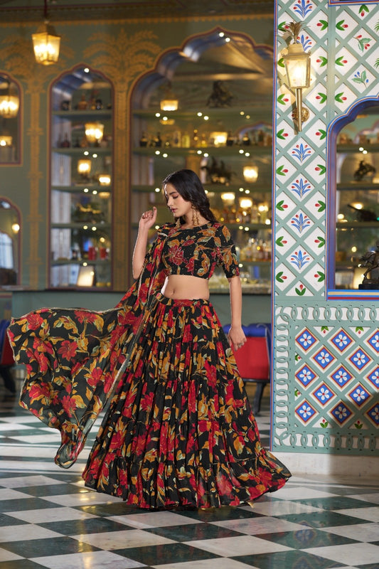 Black Marble Lehenga Choli With Floral Print