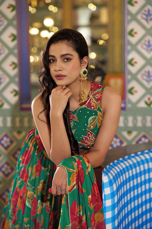 Green Marble Lehenga Choli With Floral Print