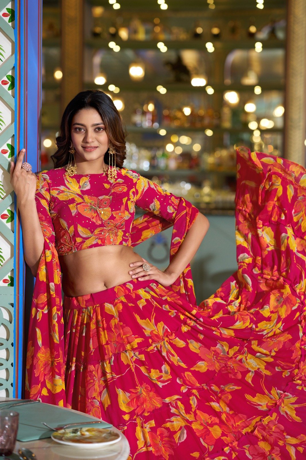 Pink Marble Lehenga Choli With Floral Print